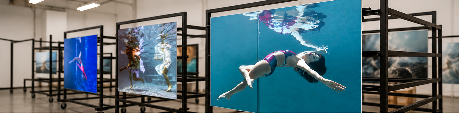 Morning Dive underwater prints displayed in a gallery studio
